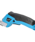 Cordless Electric Scissors With Knockout Power For Zero Fuss Fabric Cutting And Cardboard Trimming Featuring Dual Angle Blades at an angle.