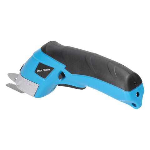 Cordless Electric Scissors With Knockout Power For Zero Fuss Fabric Cutting And Cardboard Trimming Featuring Dual Angle Blades at an angle.