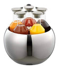 1.3 Qt Clear Double Wall Beverage Tub And Polished Stainless Steel Insulated Chiller Bucket with five carafes and ice.
