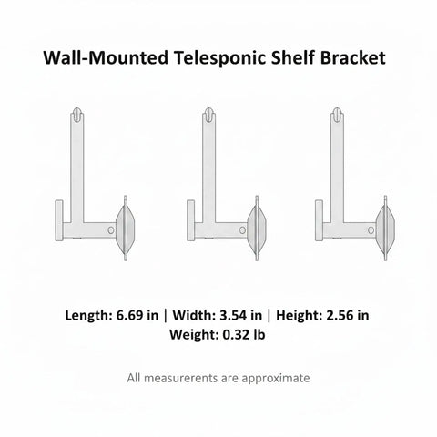 Diagram of Telescopic Plastic Shelf Bracket With Rotating Base No Drill Adhesive Corner Organizer, dimensions shown