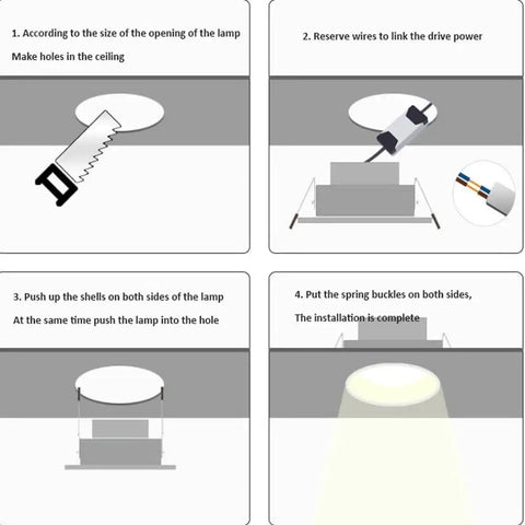Installation guide for SDdPulse 4 Pack Recessed Lighting Recessed Light Fixtures, showcasing steps and tools used.