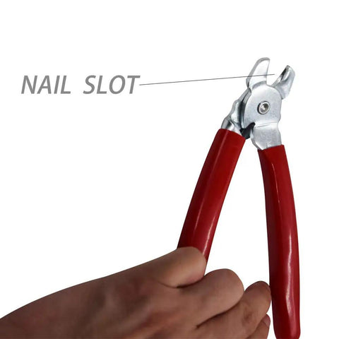 Close-up of Angled Hog Ring Pliers Set With 500 Galvanized Hog Rings For Furniture And Auto Upholstery, highlighting nail slot feature.