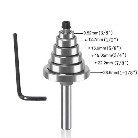 Step drill bit set with hex key and measurement labels for precise drilling