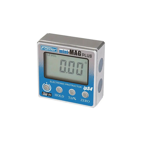 Mini-Mag Plus Protractor With Bluetooth 360 Degree Digital Inclinometer Backlit Display Auto Off After Five Minutes Embedded Side And Bottom Magnets Inverted Readout Ultra Accurate Angle Measurement For Pros front view, 360° readout, blue LCD screen