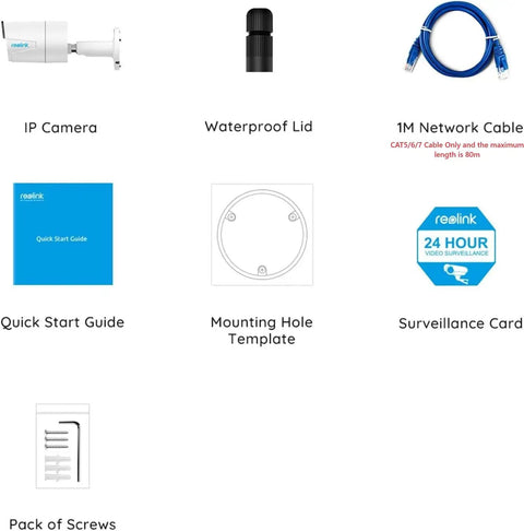 4MP PoE Outdoor Bullet IP Cam Add On For Reolink NVR Systems with accessories: camera, lid, network cable, guide, template, card, screws.