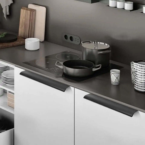 Aluminum Alloy Concealed Cabinet Door Pulls 1200mm Two Piece Black Wardrobe Kitchen Handles With Finger Edge on white cabinets in kitchen