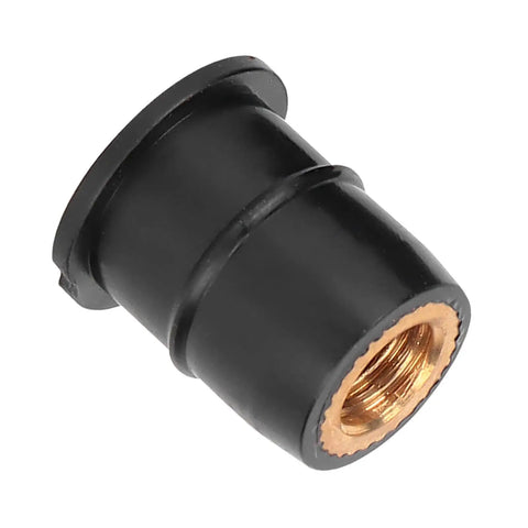 M6x0.8mm rubber well nut with captive brass insert, ideal for motorcycle windscreen and ATV panel mounting.