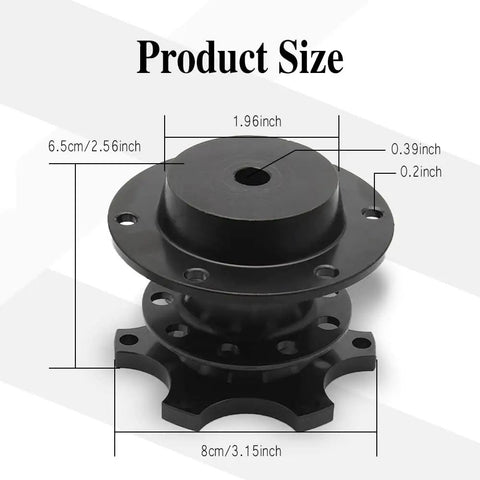 Universal Steering Wheel Quick Release Snap Off Hub Adapter Six Hole Boss Kit size dimensions with 70mm fitting in black anodized aluminum.