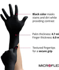 Infographic showing MidKnight MK296 Disposable Nitrile Gloves With Full Texture For Automotive And Industrial Work Black XXL Size Case Of 1000 Durable Grippy Puncture Resistant Hands For Pros Like Mechanics Lab Techs Tattoo Artists And EMS with features.