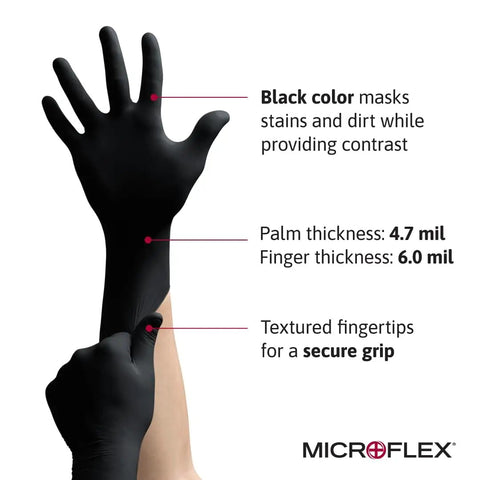 MidKnight MK296 Black Nitrile Gloves showing textured fingertips and thickness details, powder-free for superior grip.