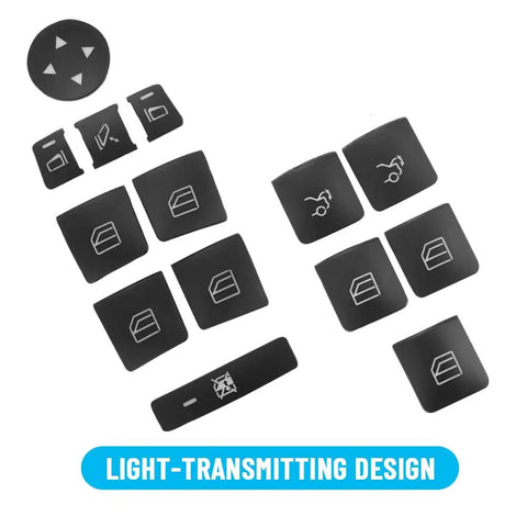 Mercedes Benz Window Switch Button Trim Cover Sticker Kit Pack of 14 with symbols on black design shown