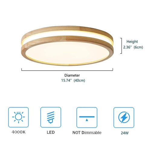 Wood LED Flush Mount Ceiling Light Modern Round Ceiling Lamp 15.8 Inch 4000K Daylight oak wood with LED icons and dimensions