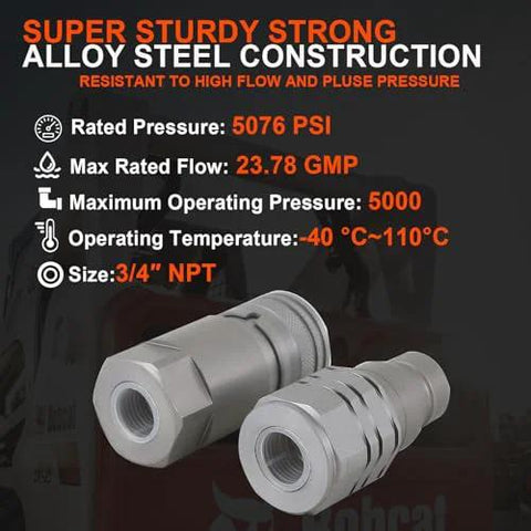 Elifecenter 3/4 in NPT hydraulic quick-connect coupler set, two flat-face alloy-steel connectors.