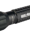 Pocket Size Tactical Touch Flashlight With Aluminum Build Waterproof And Dustproof Weather Sealed High Lumen Output Up To 280 Runtime 3 Hours High And 8 Hours Low 3.5 Hour Strobe 5 Inch Black Flashlight lying on its side showing grip detail