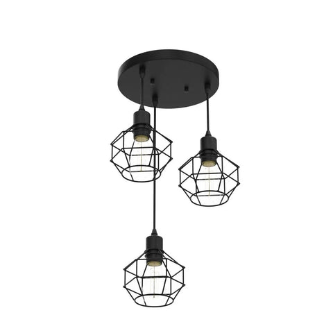 Farmhouse 3 Light Pendant Fixtures With Adjustable Cords For Kitchen Island And Dining Room Industrial Black Metal Cage Ceiling Lamp.