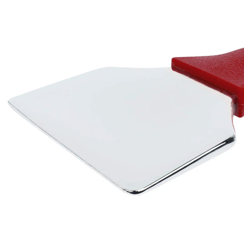 Chrome-plated steel blade of Extra Wide Carpet Tucker And Stair Tool with slip-resistant red handle.