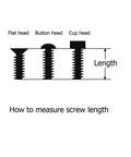 Front view screw head diagram showing flat head, button head, and cup head with length measurement line.