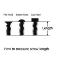 Flat head, button head, cup head screw length measurement guide illustration with labeled heights.