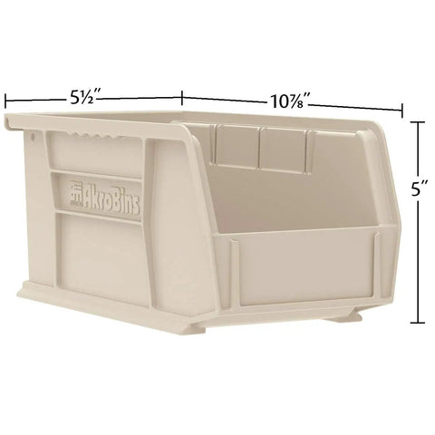 Side view of red stackable plastic storage bin, dimensions 11x5x5 inch, for garage and pantry use, ideal for organizing