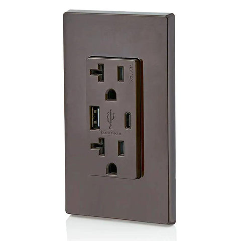In Wall USB Charger With Type A And Type C Ports 20A Tamper Resistant Outlet Fast Charging For Phones And Tablets Built In Smart Chip Brown Finish