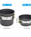 Camping Cookware Set For 1 To 2 People, two black aluminum pots with dimensions, foldable handles.