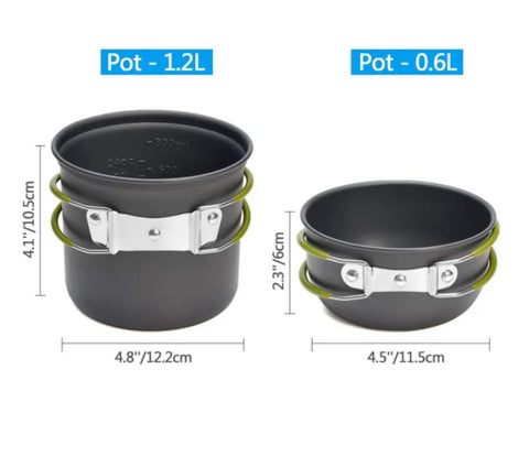 Camping Cookware Set For 1 To 2 People, two black aluminum pots with dimensions, foldable handles.