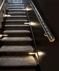 Clear Acrylic Stair Rail With Elegant Gold Brackets Adjustable Handrail Kit For Indoor Outdoor Rooms Slick Look Top Shelf Home Flex Easy Install Four Point Five Feet mounted alongside illuminated stair treads.