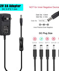 12V 2A DC Power Supply With Inline On Off Switch No Fuss Toggle For Under Cabinet Lighting And Bedside LED Strips 24W Max Output Easy Reach Control From Any Outlet, 5.5x2.1mm adapter