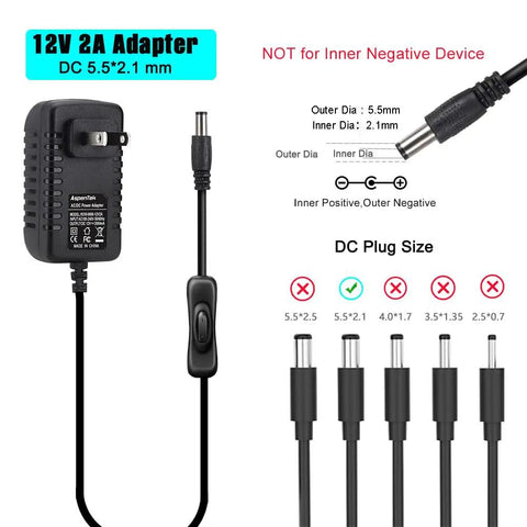 12V 2A DC Power Supply With Inline On Off Switch No Fuss Toggle For Under Cabinet Lighting And Bedside LED Strips 24W Max Output Easy Reach Control From Any Outlet, 5.5x2.1mm adapter