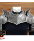 Iron Gorget And Pauldrons Armor Set For Cosplay And LARP, Spaulders And Shoulder Guards In Silver Finish on mannequin