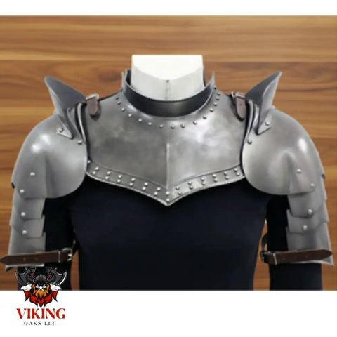 Iron Gorget And Pauldrons Armor Set For Cosplay And LARP, Spaulders And Shoulder Guards In Silver Finish on mannequin