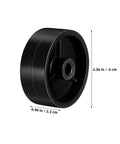 Close-up of a single black caster from Universal Patio Heater Wheel Kit 4 Pack 97mm showing dimensions; plastic build.