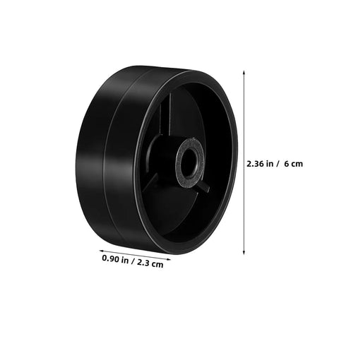 Close-up of a single black caster from Universal Patio Heater Wheel Kit 4 Pack 97mm showing dimensions; plastic build.