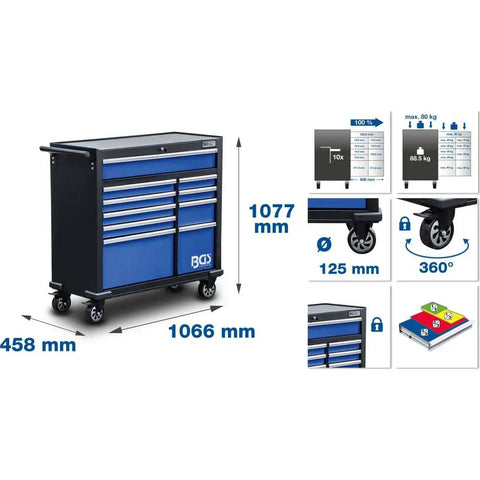 Mega Size Heavy Duty Workshop Trolley With Ten Smooth Roll Drawers Tough As Nails Powder Coated Steel with ball bearing casters.