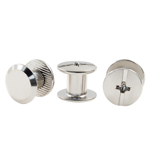 Top Tier Heavy Duty Phillips Head Chicago Screws M4 X 6mm Nickel Plated Tubular Fasteners Rust Fighting Metal Hardware 30 Piece Kit, view of three screws.