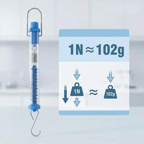 Image of Tubular Spring Scale Set With 1N To 30N Range Dual Newton And Gram Readouts showcasing 1N equals 102g conversion chart.
