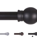 Close-up of Five Eighth Inch Matte Black Heavy Duty Stainless Steel Curtain Rod with round finial, extendable for versatile use