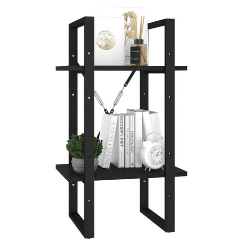 Two Tier Black Book Cabinet For Home Or Office Engineered Wood Storage Shelf with decor, books, and plants visible.
