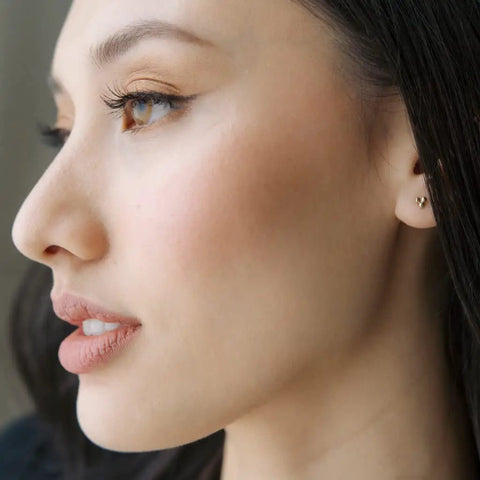 Petite Trinity Ball Stud Earrings In 18K Gold Plated Minimalist Delicate Jewelry With A Tiny Three Ball Cluster For Everyday Wear And Effortless Subtle Shine For Casual Cool Everyday Vibe, 4mm gold stud on ear