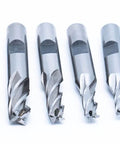 Six-piece set of center-cutting, 4-flute end mills in steel; sizes 1/8–1/2 in with 3/8 in shank.