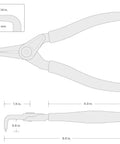Technical diagram of 7 Inch 90 Degree External Retaining Ring Pliers With 0.070 In Tips, showing dimensions and angled tips for precise use.