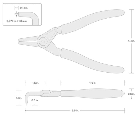 Technical diagram of 7 Inch 90 Degree External Retaining Ring Pliers With 0.070 In Tips, showing dimensions and angled tips for precise use.