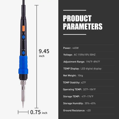 Portable 110V 65W Digital Soldering Iron Kit with adjustable temperature pen style solder gun and LED display dimensions.