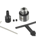 Mini Drill Chuck Set With Brass Shaft Coupling And Sleeve Adapters, tools and components displayed on white background