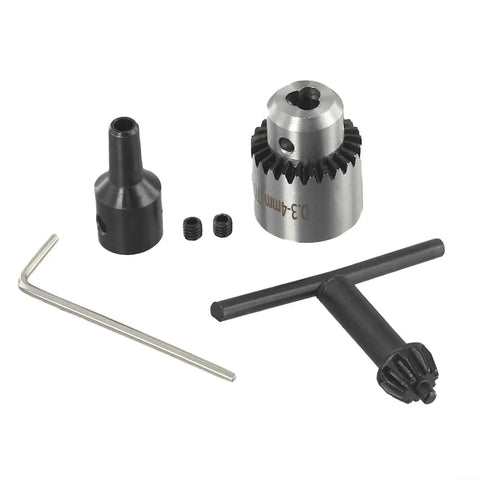 Mini Drill Chuck Set With Brass Shaft Coupling And Sleeve Adapters, tools and components displayed on white background