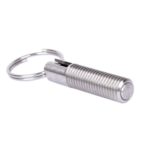 Built Tough 5 Piece Indexing Pin Set With Smooth Retractable Springs And Self Locking Rings Precision Ground Locator Bolts, close-up of pin with keyring.