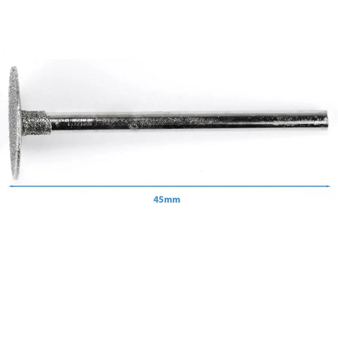 Side view of Pro Grade Diamond Burr Set Five Pieces Flat Disc Bits 16mm Diameter With 3mm Shank For Grinding, Carving, And Polishing Gemstone Coated File Tip Round Wheel Shape Rotary Tool Bits showing 45mm length.