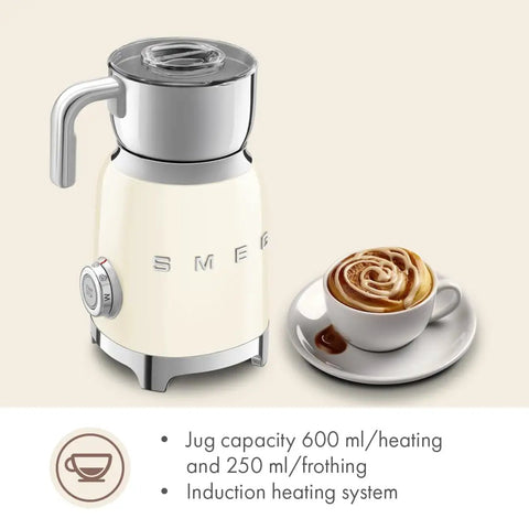 Retro 50s Style Milk Frother with Induction Heating and Removable Jug Pro Grade Foam for Hot or Cold Froth 6 Preset Programs Two Frothing Disks Stainless Steel Cream Finish Barista Quality at Home shown with a cup of cappuccino