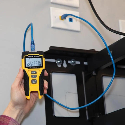 LAN Scout Jr 2 Ethernet Cable Tester For CAT5e CAT6 CAT6A RJ45 Cables With Backlit LCD in use testing connection
