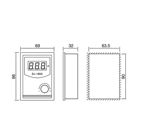 Technical diagram of SJ-180A controller for Single Shaft Magnetic Powder Brake 24V No Nonsense 6-100 Nm Torque Range and 0.6-10 Kg Tension, Controller Kit For Printing And Dyeing Machines.